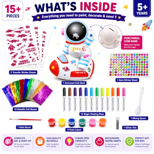 Image of PLUSPOINT DIY Astronaut Coin Bank Painting Kit for Kids Paint Your Own Space Piggy Bank Craft Set with 6 Paints, 12 Magic Floating Pens, Metallic Foils, Stickers, Gems & Glitter, Creative Gift Age 5+