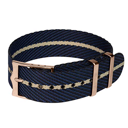 Clockwork Synergy - Single Pass NATO Watch Strap with Bronze King Buckle (Navy & Beige, 22mm) Premium Adjustable NATO Watch Straps