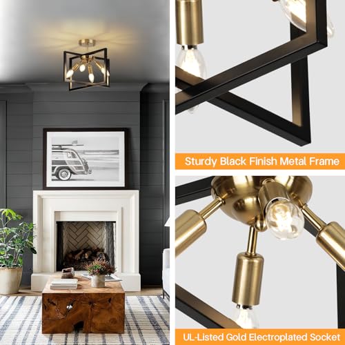 Image of Modern Industrial Semi Flush Mount Ceiling Light Fixture, Black and Gold Candelabra Farmhouse 4-Light Lighting for Kitchen, Dining Room, Bedroom, Hallway, Living Room, Entryway, Foyer