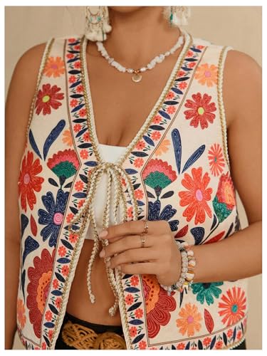 Verdusa Women's Plus Size Bow Floral Lightweight Cardigans Boho Sleeveless Jacket Outwear4