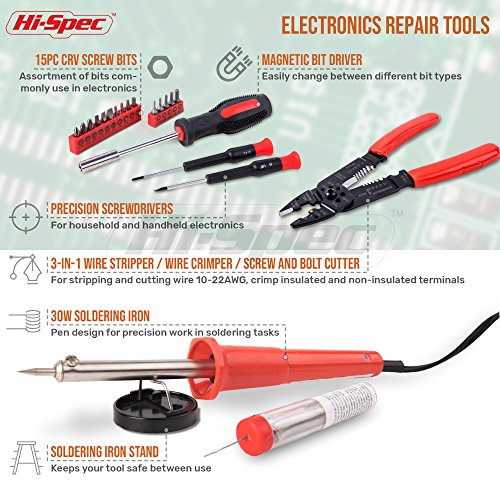 Hi-Spec 60 Piece Electronics Electrical Engineer Tool Kit with 30W Soldering Iron, Desoldering Pump, Wire Crimper, Stripper, Cutter, Magnetic Ratcheting Screwdriver and Bits, IC Extractor Tool in Case