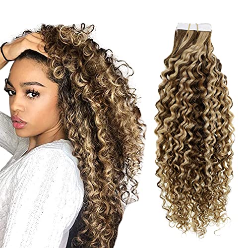 Easyouth Tape in Curly Hair Extensions Human Hair Tape in Extensions Remy Hair Color Medium Brown Highlight Honey Blonde