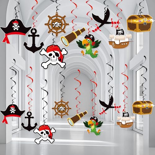 Decor Pirata,36 Pcs Decor Pirata Fiesta Colgando Decor Remolino,Decor Pirata Fiesta Cumpleaños Infantil Cintas Sombreros Capitán Pirata Calaveras Loro Decor Pirata Náutico Caribe Decor Fiesta Pirata