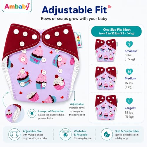 Image of Ambaby Pack of 4 Premium Pocket Cloth Diapers with 2 Diaper Covers & 2 High-Absorbency 4Layer Insert Pads. Leak-Proof, Adjustable, Breathable, Reusable & Washable. Fits Babies 3 Months-3 Years(3-18kg)(Pink)
