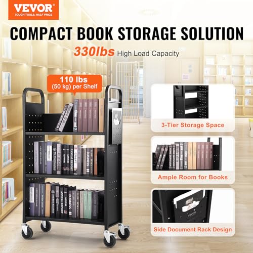 Image of VEVOR Book Cart, 330 lbs Library Cart, 31.1 inch x 15.2 inch x 49.2 inch Rolling Book Cart, Single Sided L-Shaped Flat Shelves with 4-Inch Lockable Wheels for Home Shelves Office and School, Book Truck in Black
