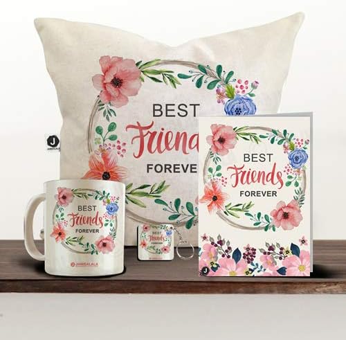 JHINGALALA Printed Combo Set Best Friend Forever Printed Satin Cushion Cover of 12 x 12 inch with Filler, Mug, Key Ring, and Greeting Card, White