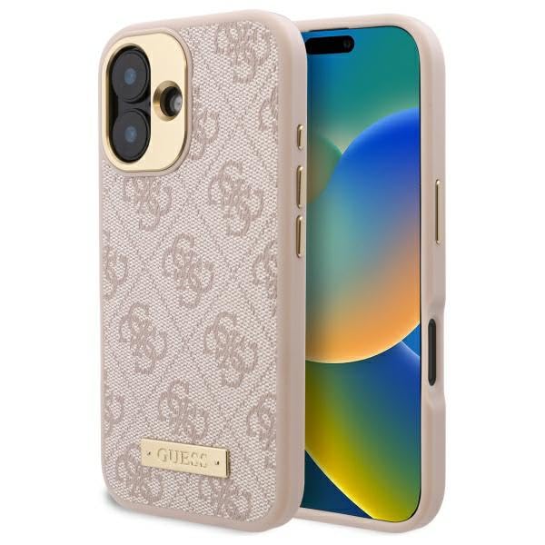 CG Mobile Guess GUHMP16SU4GPRP Coque Rigide pour iPhone 16 6,1" Rose Plaque Logo 4G