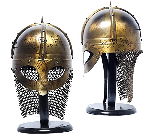 Casco vikingo con cadena de correo medieval de caballero normando, armadura de batalla con soporte de madera, casco de disfraz de Halloween Cover