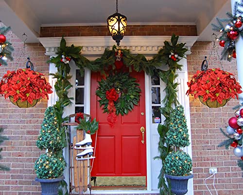 Lopkey Artificial Poinsettia With Hanging Basket Christmas Flower Hanging Planter For New Yeaer Porch Indoors Outdoors Decor,Basket 12 Inch (Red) #TOP2