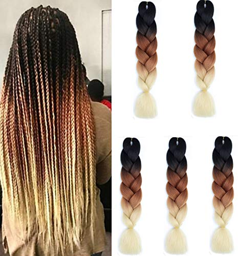 5 PCS 24 Inches Long Straight Fashion Jumbo Crochet Ombre Braiding Hair Extensions(#CY14-Black/Brown/Light Blonde)