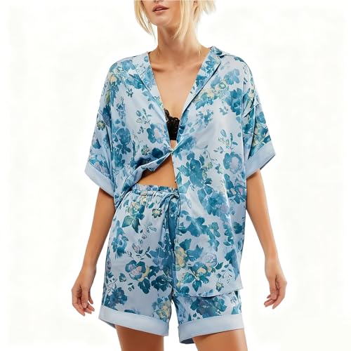 Image of Women Silk Pajamas Floral Satin 2 Piece Pajama Sets | Button Down Short Sleeve Shirt and Elastic High Waist Shorts, Vintage 2Pcs Pj Sets, Two Piece Lounge Set, Elegant Sleepwear
