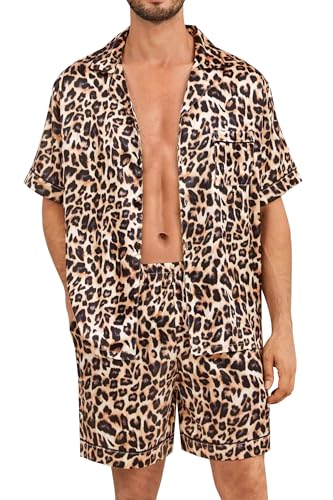 SWOMOG Satin Silk Pajamas Sets for Men short sleeve 2 Piece Button Down Sleepwear mens loungewear sets with pockets