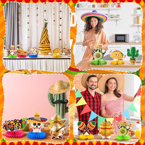 Image of 12 Pcs Cinco De Mayo Fiesta Honeycomb Table Centerpiece 7.3 Inch Mexican Party Decoration for Fiesta Mexican Themed Taco Party Birthday Day of The Dead Decor Supplies