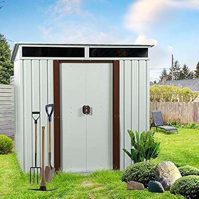 6FT x 5FT Outdoor Storage Shed, Heavy Duty Galvanized Steel Garden Shed with Sloped Roof, Sliding Lockable Doors, Punched Vents & Foundation Kit, Weather Resistant Tool Shed for Backyard, White