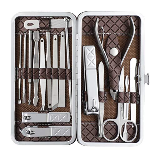 Beauté Secrets 18 Pieces Manicure Kit, Pedicure Tools for Feet, Nail Clipper, Ear Pick Tweezers, Manicure Pedicure Set for Women and Men, Brown