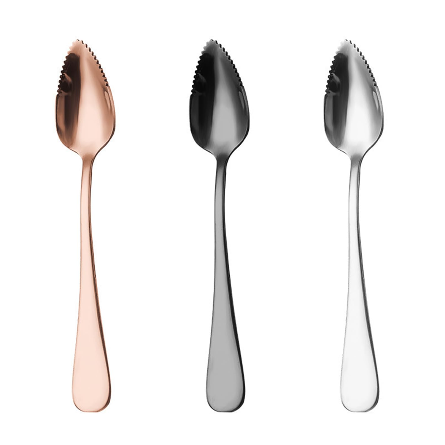 Gdfhbd Silver 3 Pieces Of Stainless Steel Serrated Spoons, Pointed Fruit Spoons, Dessert Spoons, Suitable For Apples, Kiwi Fruits, Cakes (, Rose Gold, Black).