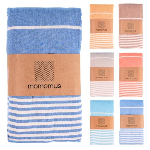 MOMOMUS Fouta Playa XXL, con Flecos y 100% Algodón – Ideal como Toalla de Playa Grande Antiarena, Manta de Picnic, Pareo Gigante o Esterilla Ligera para Piscina – Azul, 210x240 cm