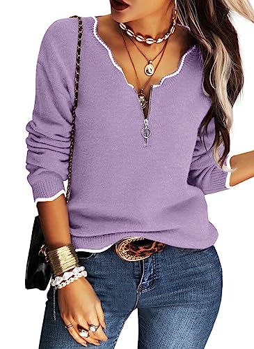Image of Hongqizo Women's V Neck Long Sleeve Sweater Half Zipper Knit Sweater Casual Cricket Stripe Jumper Pullover Knit Tops