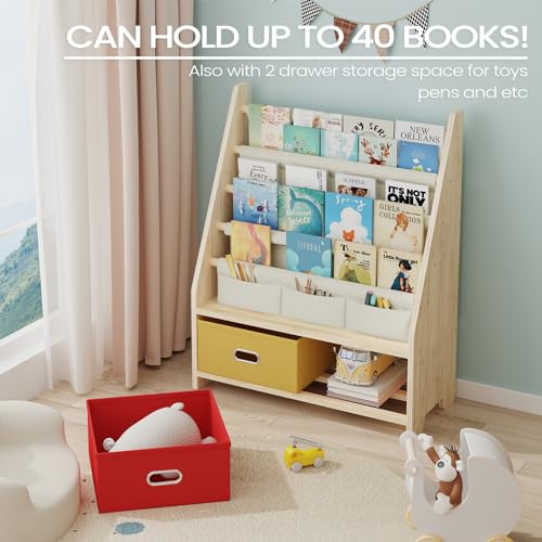 Image of EXPERLAM 4 Tier Kids Book Shelf, Wooden Kids Book Rack Storage Bookshelf with Toy Storage Organizer, Toddler Sling Bookshelf for Boys, Girls, Play Room, Nursery, Red /Yellow