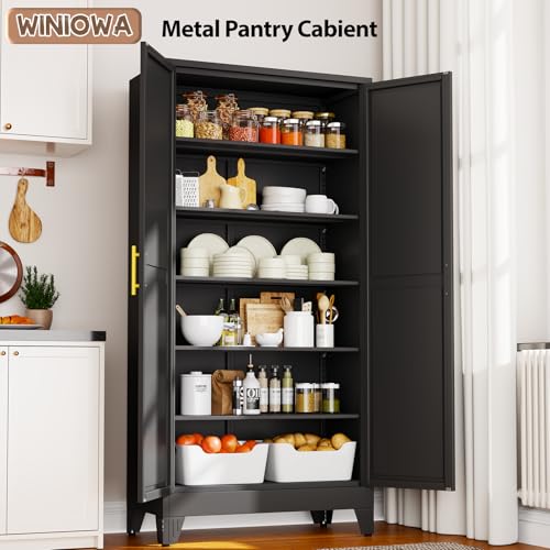 Image of winiowa Tall Metal Kitchen Pantry Storage Cabinet with 2 Doors and 5 Adjustable Shelves - 75.2 inch Kitchen Cabinet with Gold Handles for Kitchen, Bathroom, Dining Room, Living Room - Black
