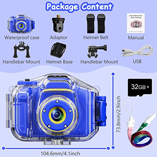 Kids Waterproof Camera for 3-12 Year Old Boys Christmas Birthday Gifts Toys Children Mini Underwater Digital Action Camcorder, 2 Inch IPS Screen with 32GB Card (Dark Blue)
