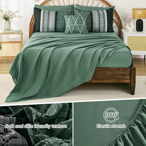 Image of Dintszyayue Green Comforter Set Queen Size, 8 Pieces Boho Striped Bed in a Bag Soft Microfiber Bedding Set for All Season