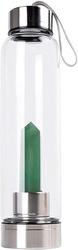 Botella de agua de cristal de cristal, botella de cristal de cuarzo verde con piedra preciosa en el centro, taza de cristal infundida, varita de