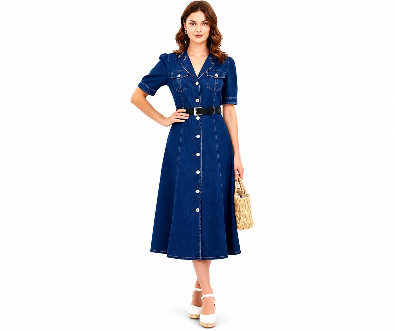 Denim Dress for Women - Women’s Denim Midi Dress with Belt | Button-Down Shirt Dress | Half Sleeve Casual Western Dress for Women (Blue)-picture-27