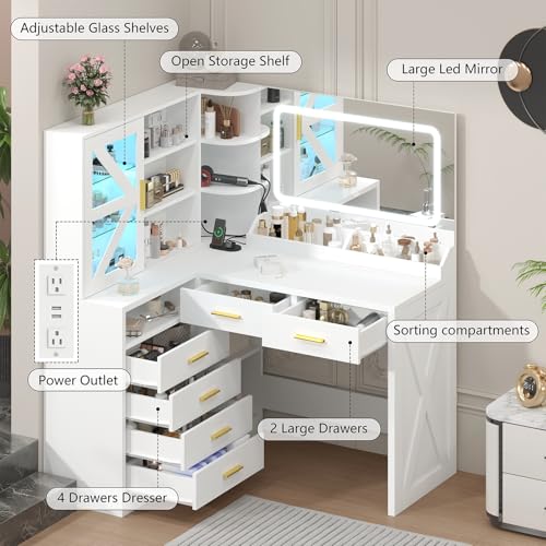Image of White L-Shaped Corner Vanity Desk with LED Lighted Mirror & Storage Shelves