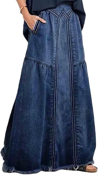 Womens Casual Elastic Large Size Womens Denim Skirt Waist Frayed Hem A-Line Distressed Hippie Long Maxi Denim Skirt