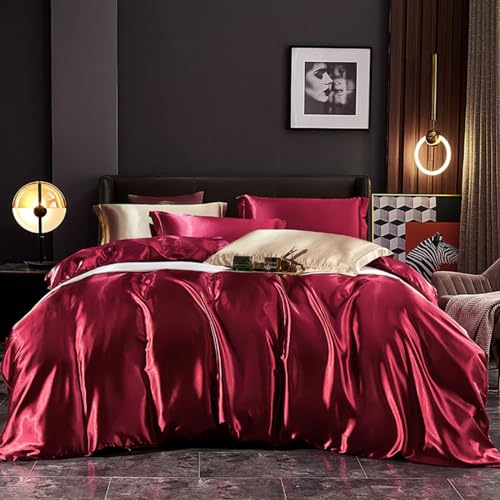 Freyamy - Funda de edredón (220 x 240 cm, 2 fundas de almohada de 65 x 65 cm, color rojo liso, juego de cama para 2 personas, adulto, juego de funda nórdica de satén de seda brillante con cremallera