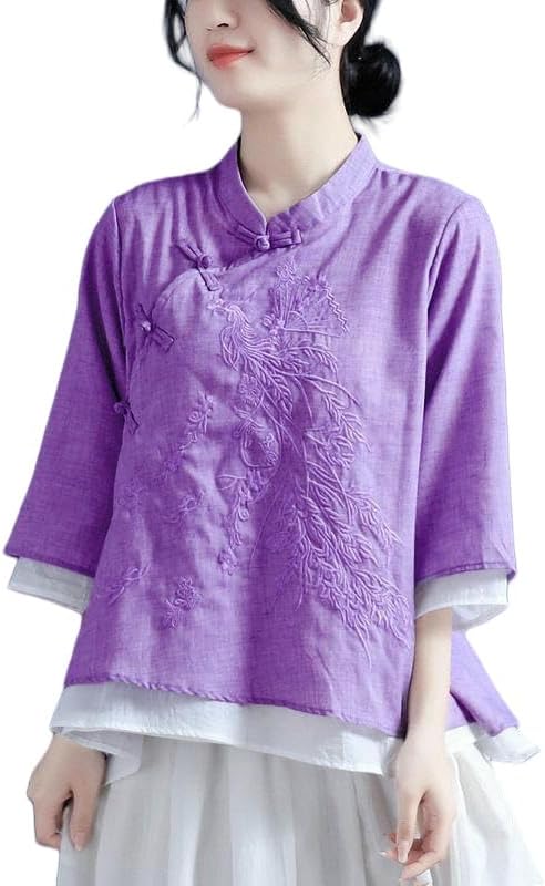 Women's Spring Summer Embroidered Literary Retro Frog Button Asymmetrical 3/4 Sleeve Tea Outfit Top