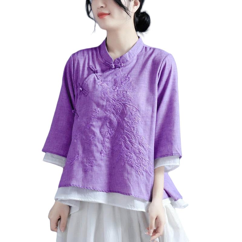 Haut de thé asymétrique manches 3/4 vêtement rétro brodé style littéraire printemps été