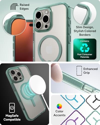Image of ZAGG Santa Cruz Snap Case for iPhone 16 Pro Max - MagSafe Compatible, 13ft Military-Grade Drop Protection, Graphene Reinforced, Lightweight, 70% Recycled Content, Clear with Color Accents, Green