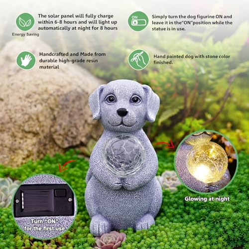 Yeomoo Hund mit Solar Ball Figuren Deko Wohnzimmer Gartendeko: Lustige Dog Figur Geschenke für Frauen Mama Männer Geburtstagsgeschenk Wasserdicht für Draußen Garten Balkon Zimmer Dekoration Grau