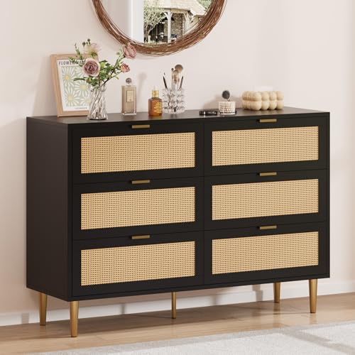 GarveeHome Rattan 6 Drawer Dresser for Bedroom, Modern Chest of Drawers with Gold Legs and Gold Handles, Wide Double Dresser with Large Tabletop and Anti-tipping Design for Bedroom, Living Room, Black