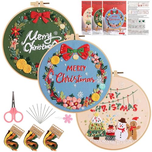 Image of Konrisa Embroidery Kits Merry Christmas Pattern Embroidery Starter Kits for Adults Beginner DIY Sewing Needlepoint Cross Stitch Practice Kit Christmas Home Decoration Handmade Gifts