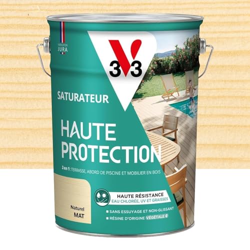 V33 Saturateur bois extérieur Naturel mat - Pour terrasses et mobilier de jardin - Haute résistance eau chlorée, UV et graisse - Sans essuyage et non glissant -...