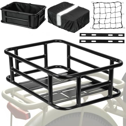 Bike Basket Rear - Large Capacity Heavy Duty Bicycle Basket with Liner Cargo Net Waterproof Cover - Ebike Accessories for Adult Bikes Electric Bike Carrying Grocery Ball Dog