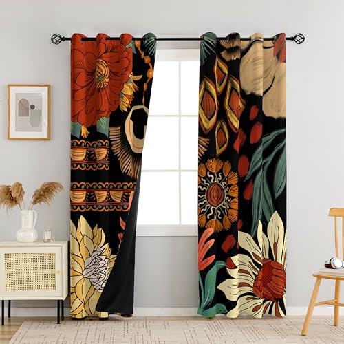 Image of Tyrot Black Floral 100% Blackout Curtains for Bedroom, 52W x 72L,2 Panels