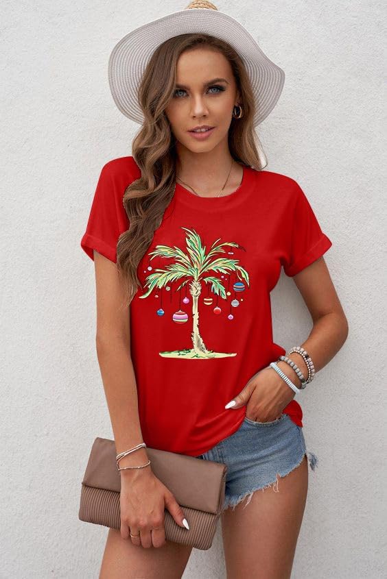 Christmas in July Shirt Women: Christmas Palm Tree T Shirt Xmas Hawaiian Holiday Tees Summer Vacation Tops - Image 4