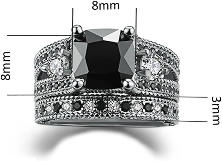 White Gold Plated Cushion Cut Black CZ Stone Engagement Promise Anniversary Ring Sets For Women
