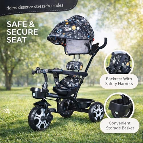 Image of Maanit Kids Tricycle with Canopy & Dual Storage Basket - Toddler Bike with Parental Handle Control, Safety Guardrail & Comfort Seat - Trike for Ages 1.5-5 Years (M692) (Dark Blue)
