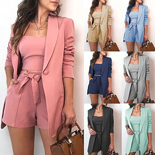 Women Three Piece Blazer Suit Long Sleeve Open Front Blazer Coat Crop Top High Waist Belted Shorts Ladies Suit Sets3