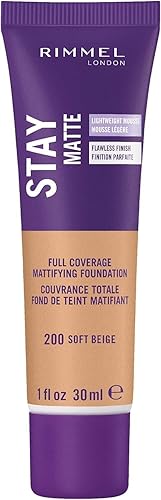 Rimmel Stay Matte Foundation Soft Beige 1 - Botella de 28 g  1 onza de polvo mate suave, base de acabado para un aspecto naturalmente impecable