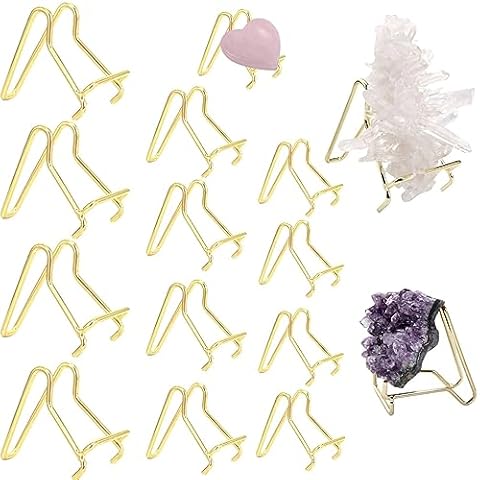 Nwsrayu 12 pcs 3 Sizes Rock Display Stand Gold Metal Easel Stands Crystals Holder for Display Collectibles Crystals, Rocks, Geodes, Heart Stones, Mineral Agate Fossil , Cards, Coins,Plates Cover
