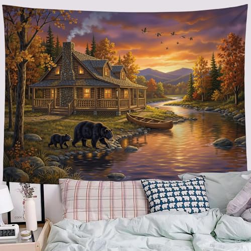 Tapiz para dormitorio de microfibra, gran decoración de pared naranja con paisaje retro de bosque 4