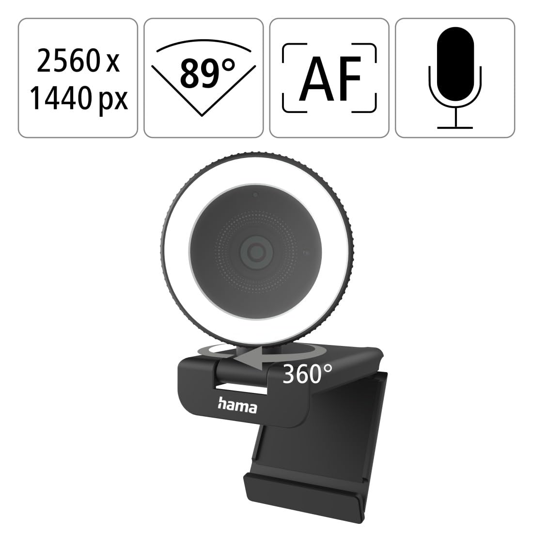 Hama C-850 Pro Webcam PC - Qualité Vidéo QHD 2K 1440p, Microphone Intégré, Cache Lentille, Filetage 1/4, Auto Focus, USB C - Convient pour Les Appels Vidéos et Le Streaming - Noir