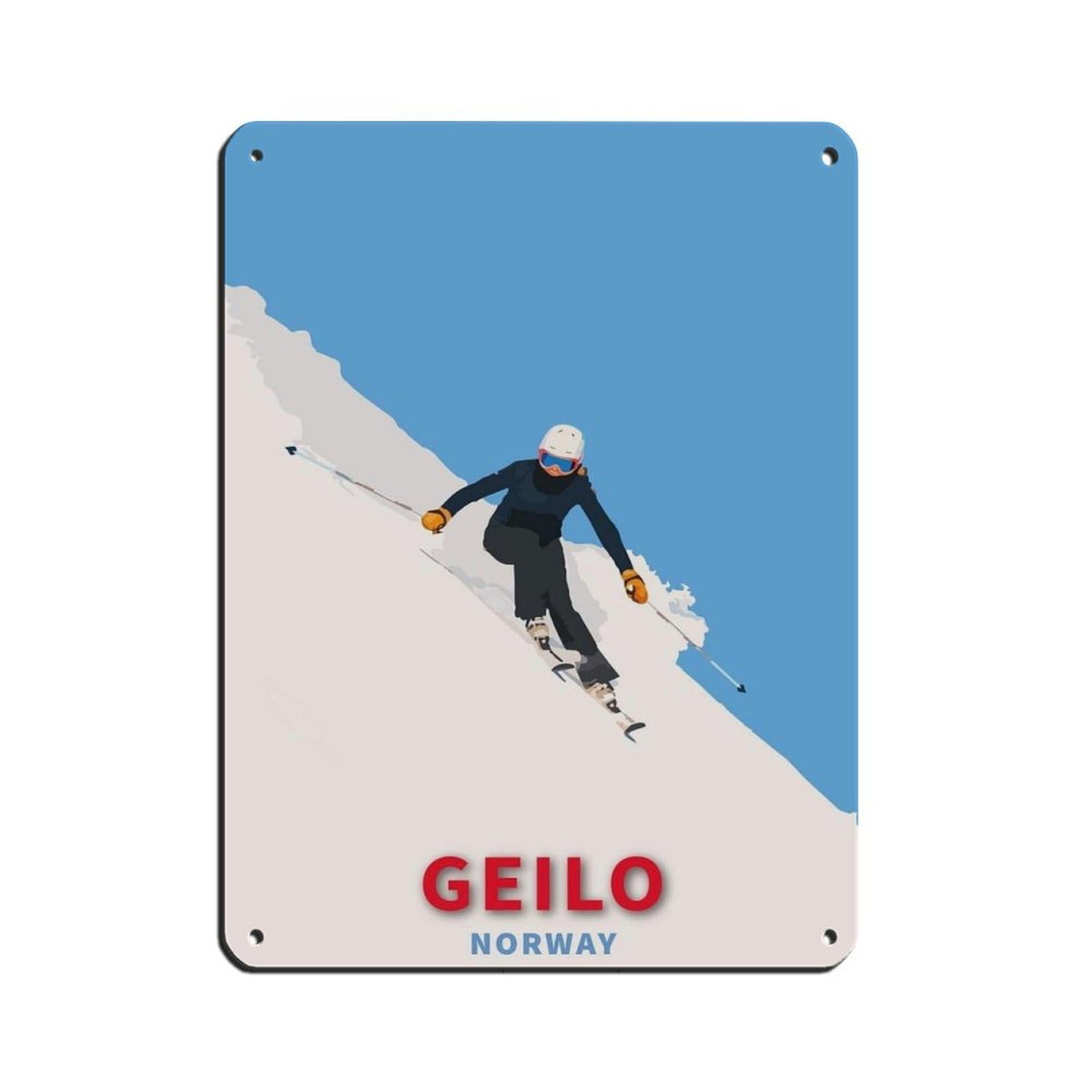 Skiing Travel Poster Geilo Ski Norway Travel Retro Poster Metal Tin Sign Chic Art Retro Iron Painting Bar People Cave Cafe Family Garage Poster Wall Decoration 12x16inch(30x40cm)