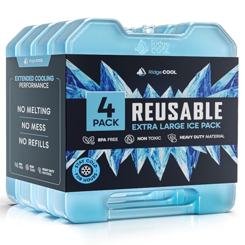 RIDGECOOL 4 Pack Reusable Extra Large Ice Packs for Cooler Long Lasting Freezer Packs for Camping Beach and Road Trips Cooler Ice Packs BPA-Free Non-Toxic 10.28x 7.80